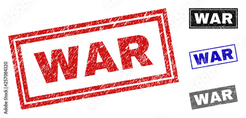 Grunge WAR rectangle stamp seals isolated on a white background. Rectangular seals with grunge texture in red, blue, black and grey colors. Vector rubber imitation of WAR tag inside rectangle frames.