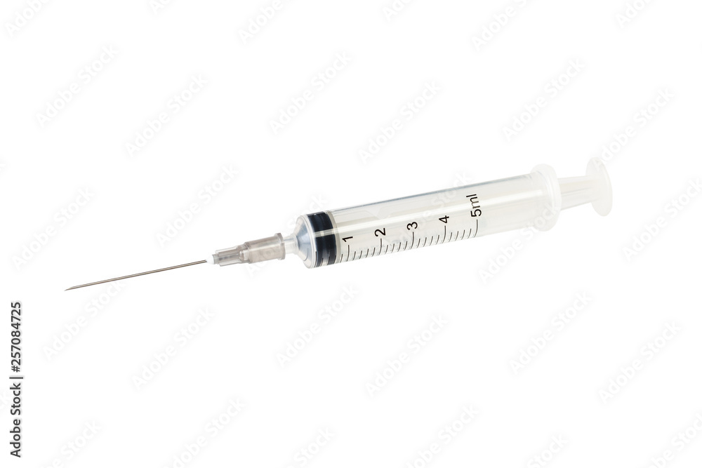 Syringe with needle in protective cap. Isolated on white background Syringe with needle in protective cap. Isolated on white background