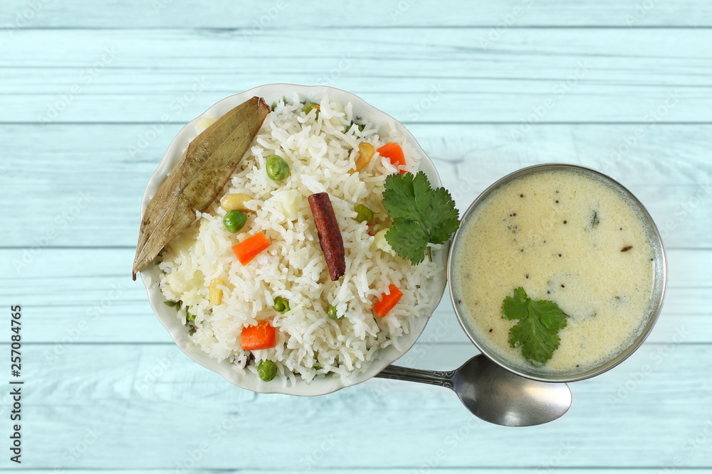 Indian food vegetable traditional cooked pulav rice or Basmati rice