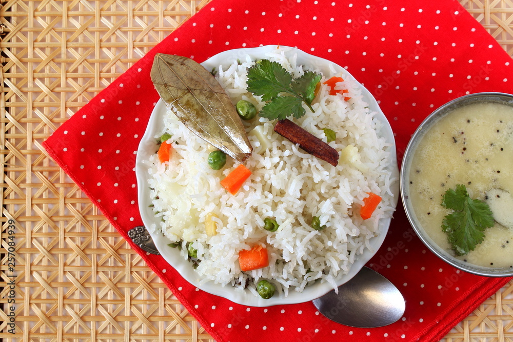 Indian food vegetable traditional cooked pulav rice or Basmati rice