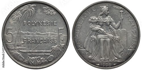 French Polynesia Polynesian aluminum coin 5 five francs 1993, bay with catamaran and palm trees, shell with fruits below, female in liberty cap sitting on throne and holding torch and horn of plenty,