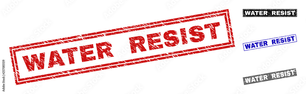 Grunge WATER RESIST rectangle stamp seals isolated on a white background. Rectangular seals with grunge texture in red, blue, black and gray colors. Grunge WATER RESIST rectangle stamp seals isolated on a white background. Rectangular seals with grunge texture in red, blue, black and gray colors.