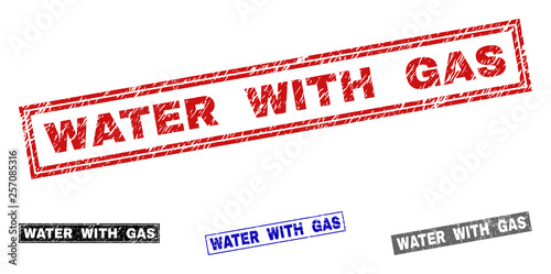 Grunge WATER WITH GAS rectangle stamps isolated on a white background. Rectangular seals with grunge texture in red, blue, black and gray colors.