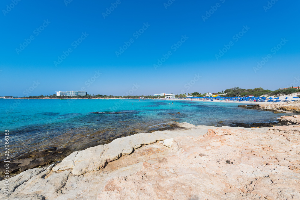 View of the turquoise water of Nissi Beach, Landa in Aiya Napa, Cyprus. Coastline Ayia Napa.