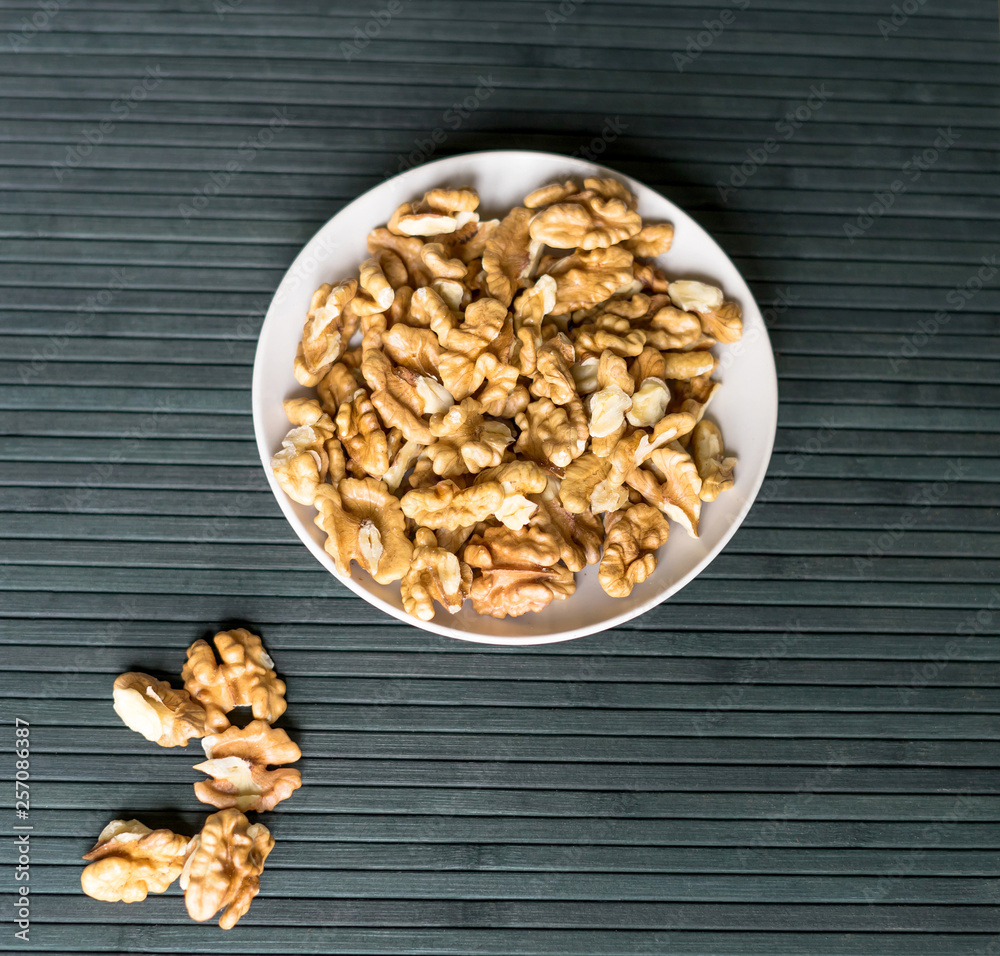 Healthy food  for background image close up walnuts.  Nuts  texture on top view on the cup plate