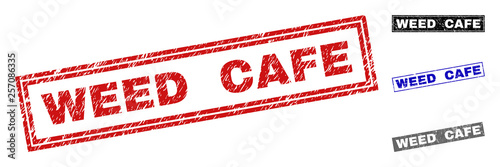 Grunge WEED CAFE rectangle stamp seals isolated on a white background. Rectangular seals with grunge texture in red, blue, black and grey colors.