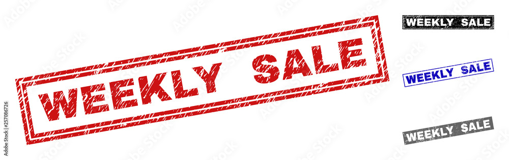Grunge WEEKLY SALE rectangle stamp seals isolated on a white background. Rectangular seals with grunge texture in red, blue, black and gray colors. Grunge WEEKLY SALE rectangle stamp seals isolated on a white background. Rectangular seals with grunge texture in red, blue, black and gray colors.