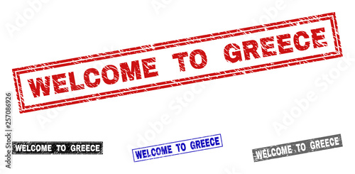 Grunge WELCOME TO GREECE rectangle stamp seals isolated on a white background. Rectangular seals with distress texture in red, blue, black and grey colors.