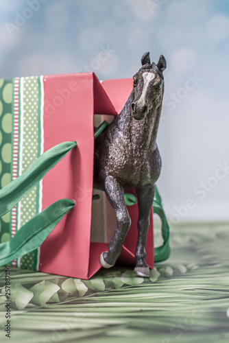 Black horse emerges from a gift bag