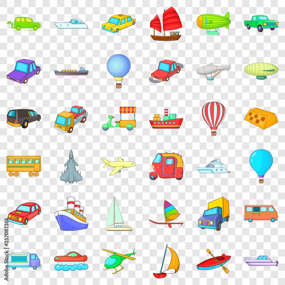 Vehicle icons set. Cartoon style of 36 vehicle vector icons for web for any design