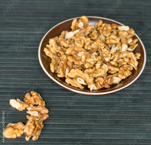 Healthy food for background image close up walnuts. Nuts texture on top view on the cup plate