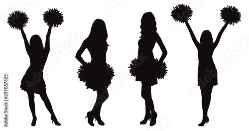 Girls cheerleading dancer with pompoms, silhouette. Vector illustration