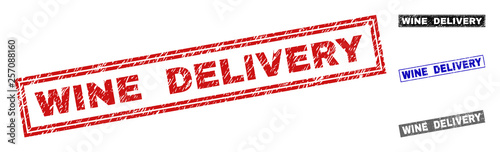 Grunge WINE DELIVERY rectangle stamp seals isolated on a white background. Rectangular seals with grunge texture in red, blue, black and gray colors.