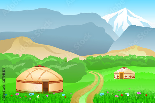 Rural summer landscape with nomad yurts and mountains vector illustration