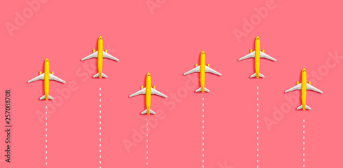 Toy miniature airplanes overhead view flat lay
