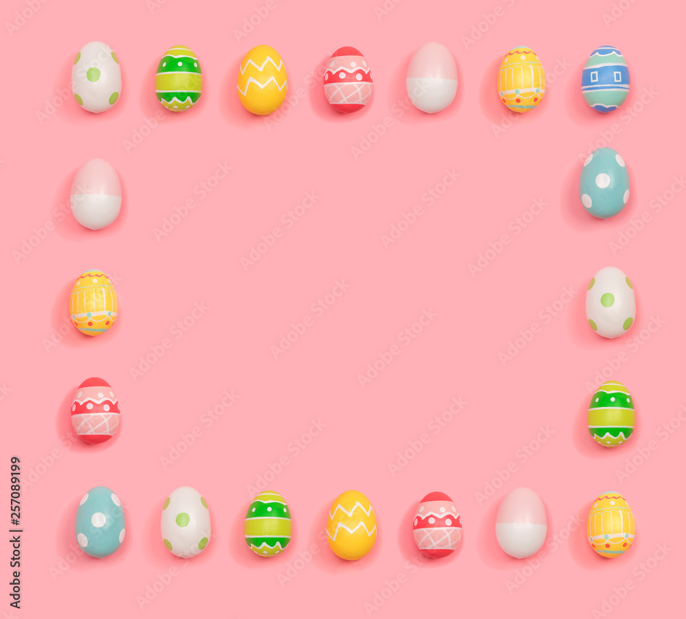Square frame of Easter eggs overhead view flat lay