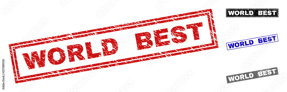 Grunge WORLD BEST rectangle stamp seals isolated on a white background. Rectangular seals with grunge texture in red, blue, black and gray colors. Grunge WORLD BEST rectangle stamp seals isolated on a white background. Rectangular seals with grunge texture in red, blue, black and gray colors.