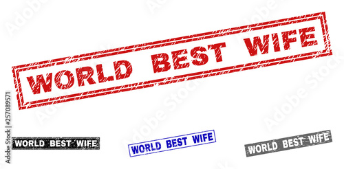 Grunge WORLD BEST WIFE rectangle stamp seals isolated on a white background. Rectangular seals with grunge texture in red, blue, black and grey colors.