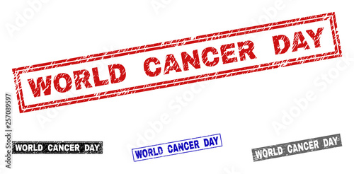 Grunge WORLD CANCER DAY rectangle stamp seals isolated on a white background. Rectangular seals with grunge texture in red, blue, black and gray colors.