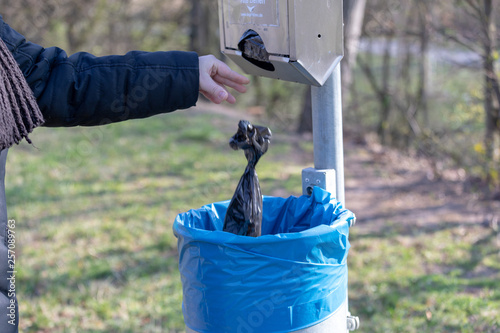 Dispose dog waste in a trash can. Responsibility for people around the environment
