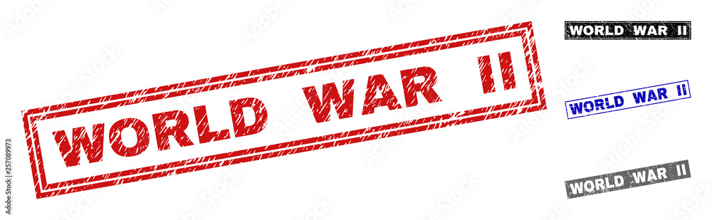 Grunge WORLD WAR II rectangle stamp seals isolated on a white background. Rectangular seals with grunge texture in red, blue, black and grey colors. Grunge WORLD WAR II rectangle stamp seals isolated on a white background. Rectangular seals with grunge texture in red, blue, black and grey colors.