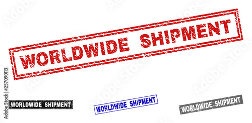 Grunge WORLDWIDE SHIPMENT rectangle stamp seals isolated on a white background. Rectangular seals with grunge texture in red, blue, black and gray colors.