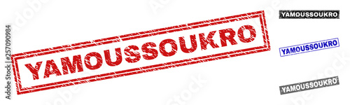 Grunge YAMOUSSOUKRO rectangle stamp seals isolated on a white background. Rectangular seals with distress texture in red, blue, black and gray colors.