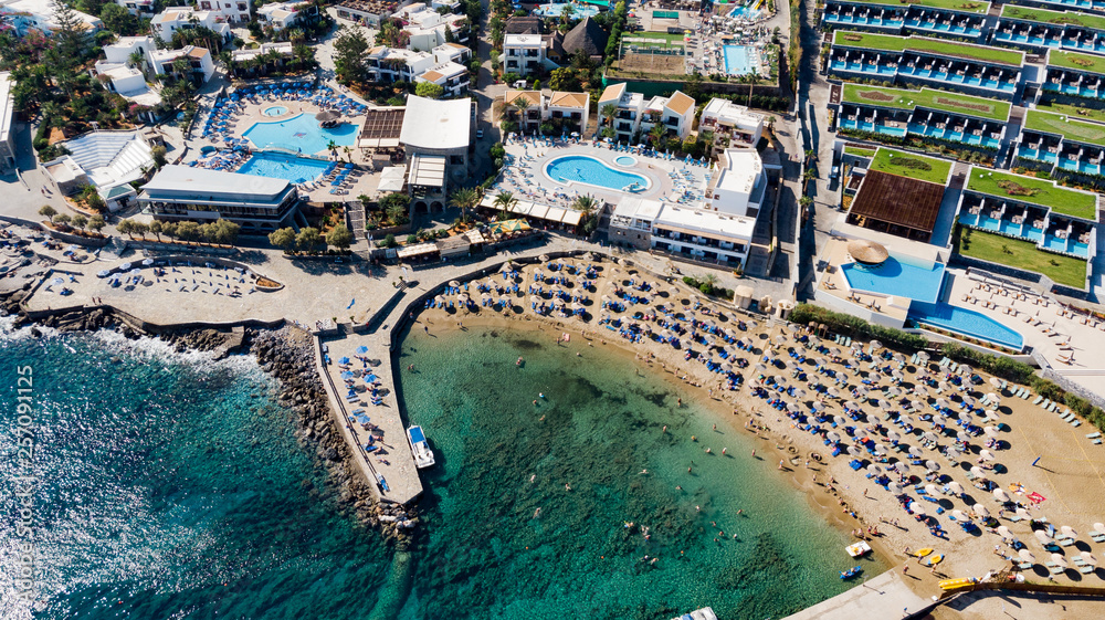 Hersonissos  Crete, Greece. Panoramic view from above. Summer sea and tourism on the coast of Greece