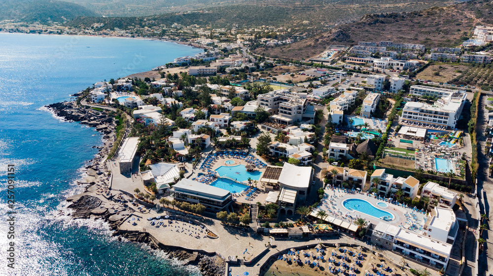 Hersonissos  Crete, Greece. Panoramic view from above. Summer sea and tourism on the coast of Greece