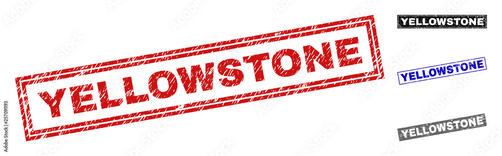 Grunge YELLOWSTONE rectangle stamp seals isolated on a white background. Rectangular seals with grunge texture in red, blue, black and gray colors. Grunge YELLOWSTONE rectangle stamp seals isolated on a white background. Rectangular seals with grunge texture in red, blue, black and gray colors.