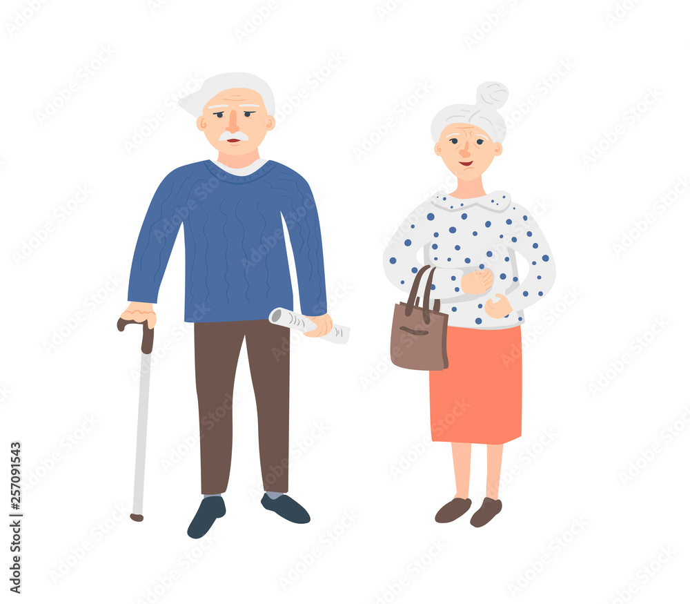  Cute couple of elderly man and woman on white background. The illustration of gray-haired grandfather with a mustache, a newspaper and with a walking stick and a smiling grandmother with a handb