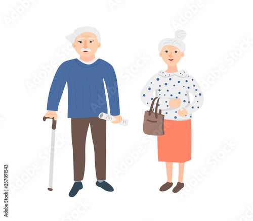  Cute couple of elderly man and woman on white background. The illustration of gray-haired grandfather with a mustache, a newspaper and with a walking stick and a smiling grandmother with a handb