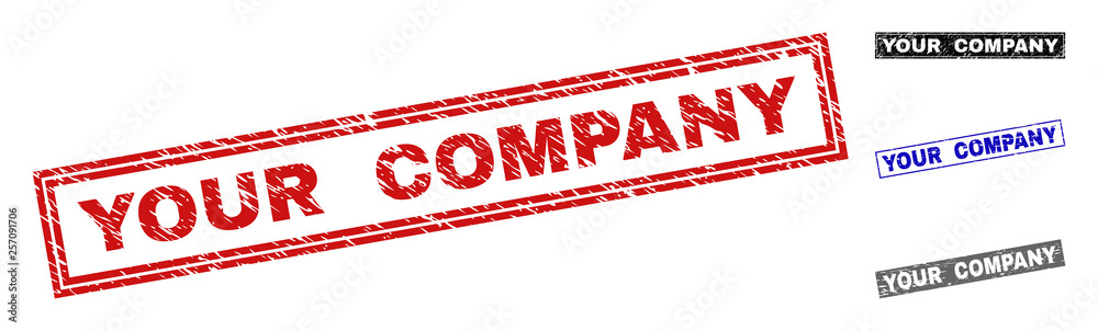 Grunge YOUR COMPANY rectangle stamp seals isolated on a white background. Rectangular seals with grunge texture in red, blue, black and grey colors. Grunge YOUR COMPANY rectangle stamp seals isolated on a white background. Rectangular seals with grunge texture in red, blue, black and grey colors.