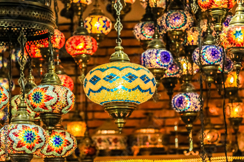 Traditional bright decorative hanging Turkish lamps and colourful lights with vivid colours in the Istanbul Bazaar, Turkey