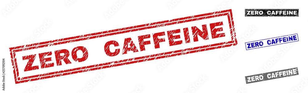Grunge ZERO CAFFEINE rectangle stamp seals isolated on a white background. Rectangular seals with distress texture in red, blue, black and gray colors. Grunge ZERO CAFFEINE rectangle stamp seals isolated on a white background. Rectangular seals with distress texture in red, blue, black and gray colors.
