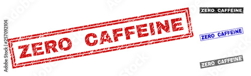 Grunge ZERO CAFFEINE rectangle stamp seals isolated on a white background. Rectangular seals with distress texture in red, blue, black and gray colors.