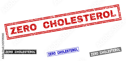 Grunge ZERO CHOLESTEROL rectangle stamp seals isolated on a white background. Rectangular seals with grunge texture in red, blue, black and gray colors.