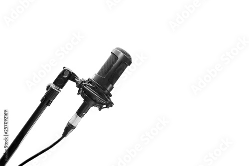 Microphone on tripod, monochrome on white background.