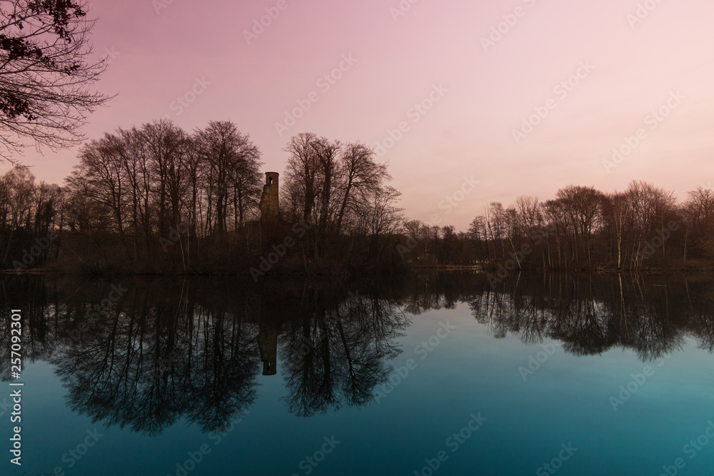 roter Himmel, Spiegelung im See, Bagno, Steinfurt