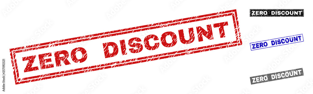 Grunge ZERO DISCOUNT rectangle stamp seals isolated on a white background. Rectangular seals with grunge texture in red, blue, black and gray colors. Grunge ZERO DISCOUNT rectangle stamp seals isolated on a white background. Rectangular seals with grunge texture in red, blue, black and gray colors.