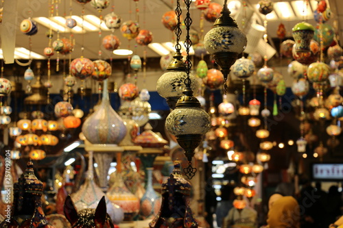Traditional bright decorative hanging Turkish lamps and colourful lights with vivid colours in the Istanbul Bazaar, Turkey