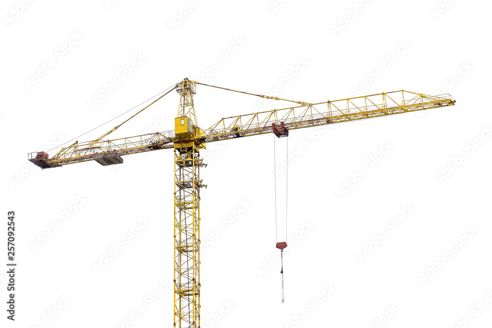 high-rise construction crane with a long arrow of yellow color on a white background high-rise construction crane with a long arrow of yellow color on a white background