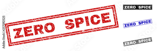 Grunge ZERO SPICE rectangle stamp seals isolated on a white background. Rectangular seals with grunge texture in red, blue, black and grey colors.