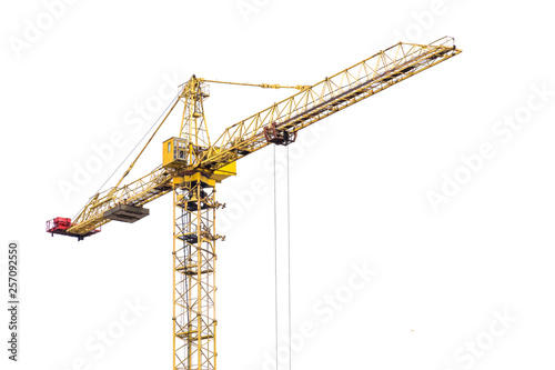 high-rise construction crane with a long arrow of yellow color on a white background