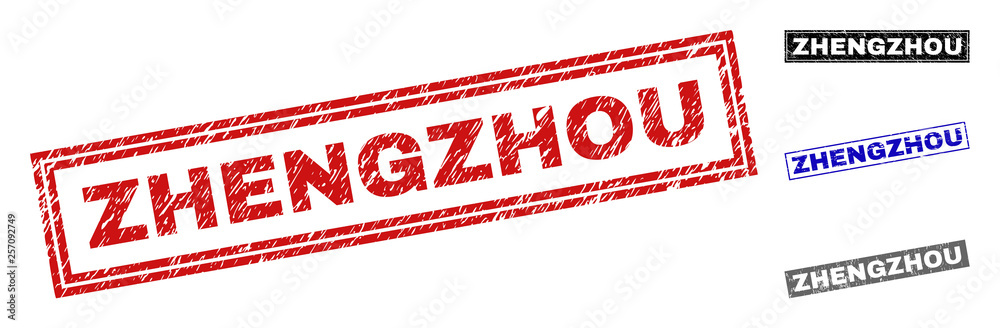 Grunge ZHENGZHOU rectangle stamp seals isolated on a white background. Rectangular seals with grunge texture in red, blue, black and grey colors. Grunge ZHENGZHOU rectangle stamp seals isolated on a white background. Rectangular seals with grunge texture in red, blue, black and grey colors.