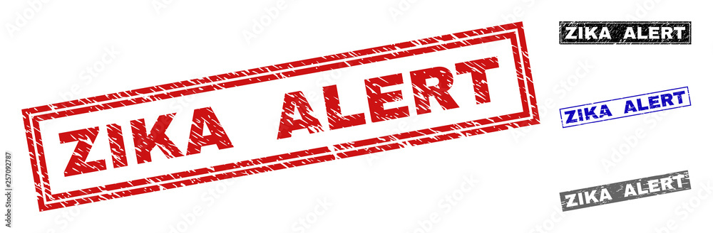 Grunge ZIKA ALERT rectangle stamp seals isolated on a white background. Rectangular seals with grunge texture in red, blue, black and grey colors.
