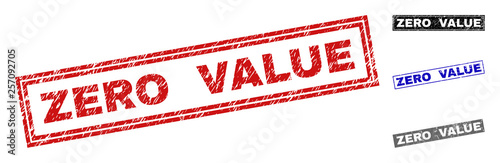 Grunge ZERO VALUE rectangle stamp seals isolated on a white background. Rectangular seals with distress texture in red, blue, black and gray colors.