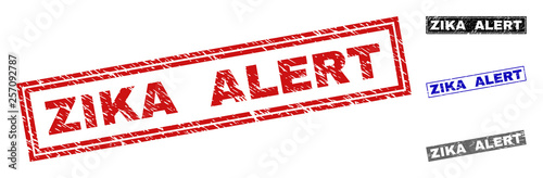 Grunge ZIKA ALERT rectangle stamp seals isolated on a white background. Rectangular seals with grunge texture in red, blue, black and grey colors.