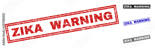Grunge ZIKA WARNING rectangle stamp seals isolated on a white background. Rectangular seals with grunge texture in red, blue, black and grey colors.