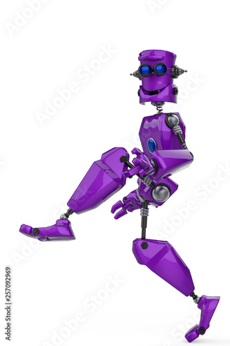 funny purple robot cartoon doing a softwalk in a white background